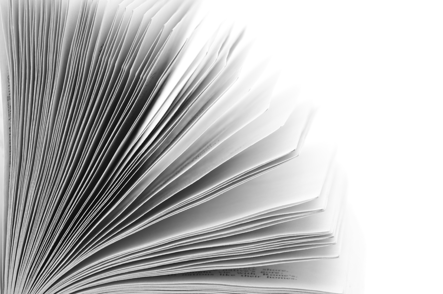 Close-up of open book on white background. B&W image.